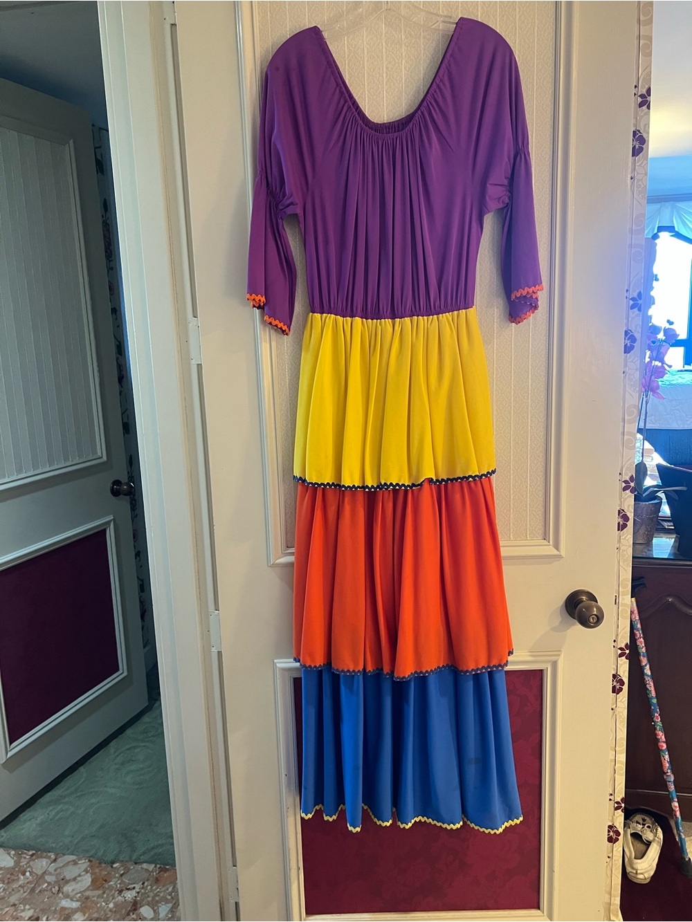 Colorblock Tiered Midi Dress in Purple, Yellow, Orange, and Blue